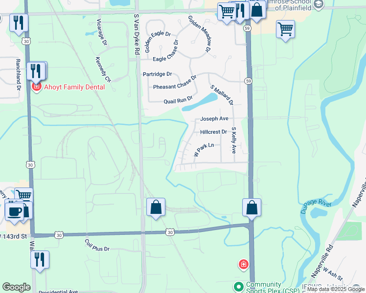 map of restaurants, bars, coffee shops, grocery stores, and more near 14000 Marybrook Drive in Plainfield