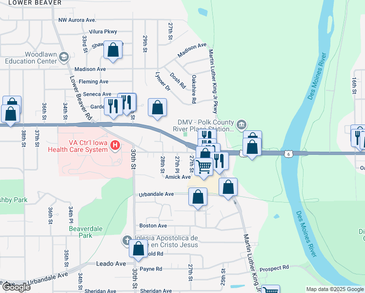 map of restaurants, bars, coffee shops, grocery stores, and more near 2713 Euclid Avenue in Des Moines