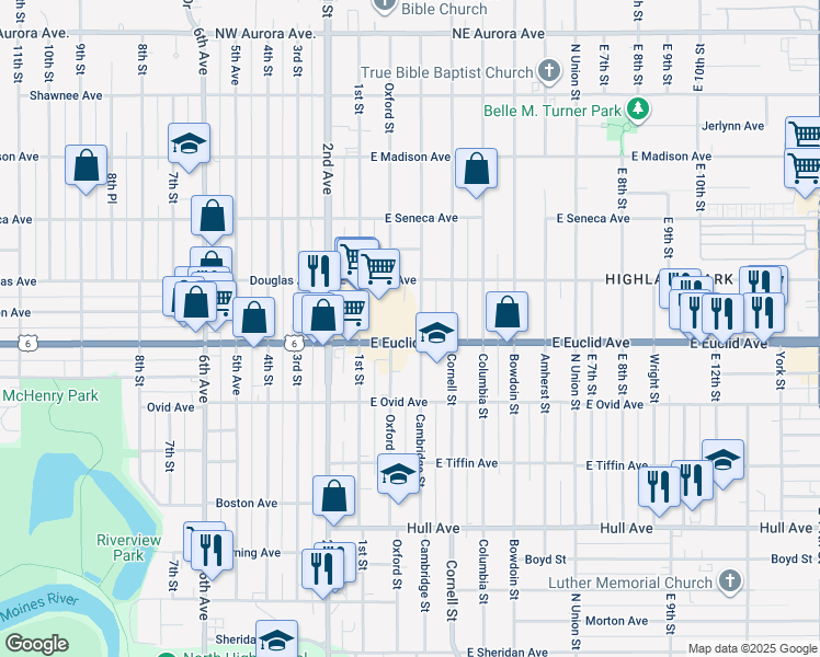 map of restaurants, bars, coffee shops, grocery stores, and more near 150 East Euclid Avenue in Des Moines