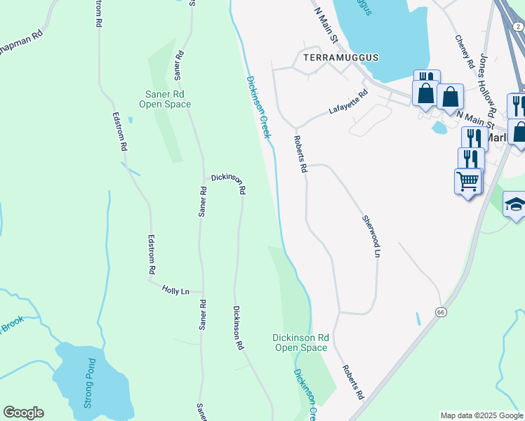 map of restaurants, bars, coffee shops, grocery stores, and more near 104 Dickinson Road in Marlborough