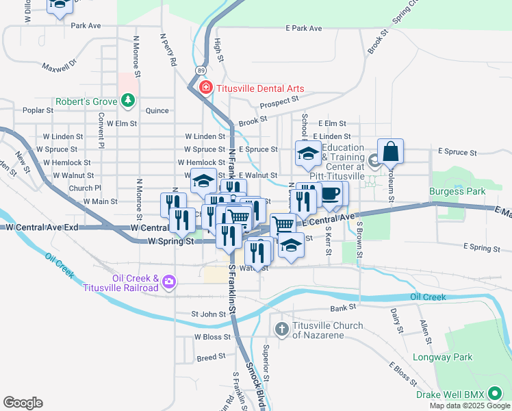 map of restaurants, bars, coffee shops, grocery stores, and more near 101-201 East Main Street in Titusville