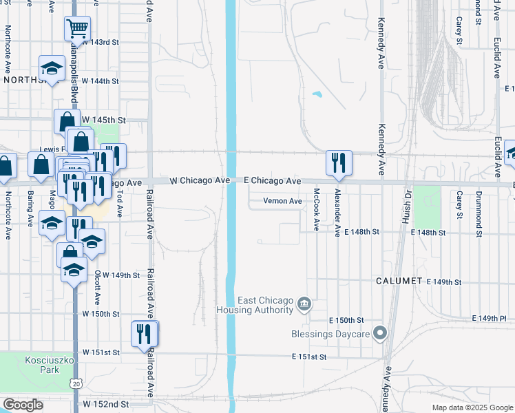 map of restaurants, bars, coffee shops, grocery stores, and more near 411 Vernon Avenue in East Chicago