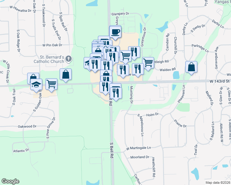 map of restaurants, bars, coffee shops, grocery stores, and more near 14325 South Bell Road in Lockport