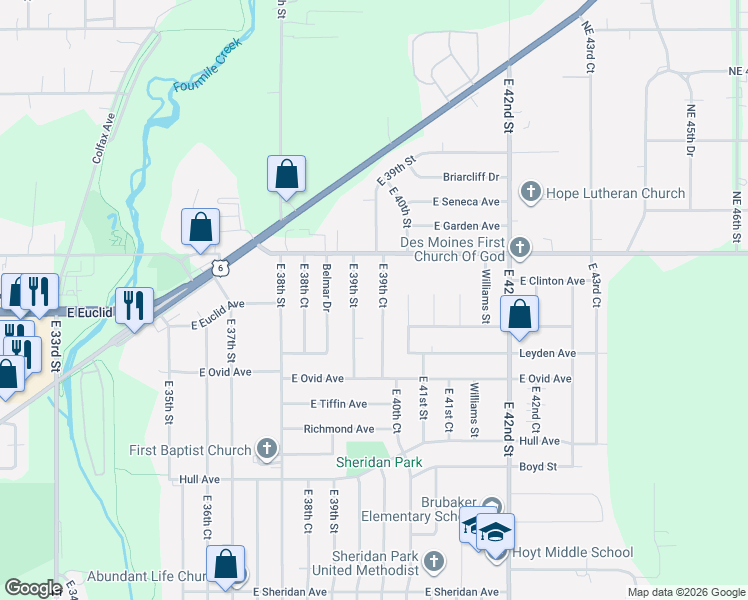 map of restaurants, bars, coffee shops, grocery stores, and more near 3616 East 39th Court in Des Moines