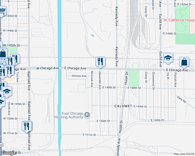 map of restaurants, bars, coffee shops, grocery stores, and more near 4732 Alexander Ave in East Chicago