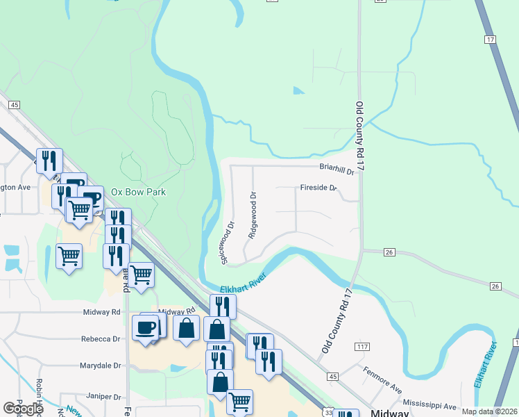 map of restaurants, bars, coffee shops, grocery stores, and more near 59637 Ridgewood Dr in Goshen