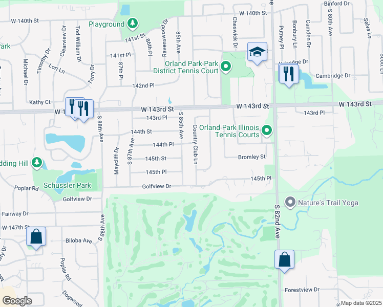 map of restaurants, bars, coffee shops, grocery stores, and more near 14420 Country Club Lane in Orland Park