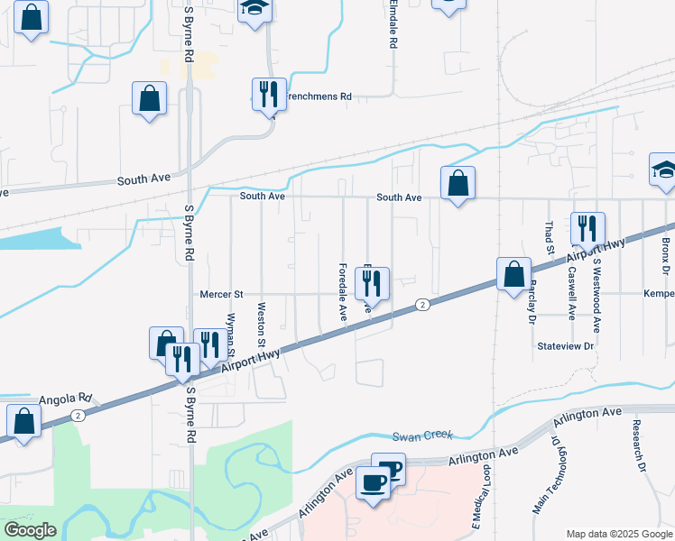 map of restaurants, bars, coffee shops, grocery stores, and more near 640 Foredale Avenue in Toledo