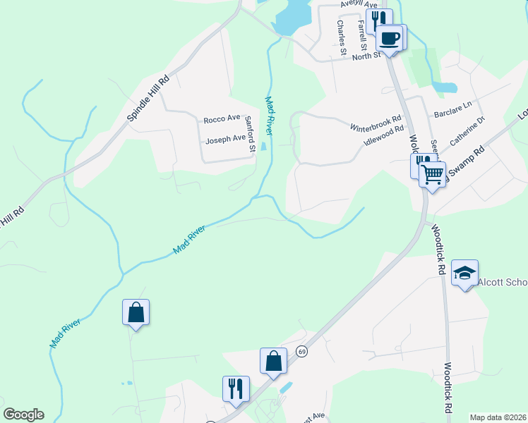 map of restaurants, bars, coffee shops, grocery stores, and more near 54 Crystal Brook Road in Wolcott