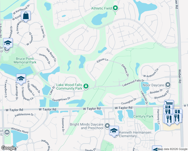 map of restaurants, bars, coffee shops, grocery stores, and more near 21344 Earhart Court in Plainfield