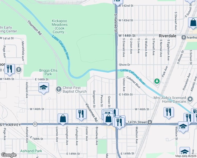map of restaurants, bars, coffee shops, grocery stores, and more near 14415 Sangamon Street in Harvey