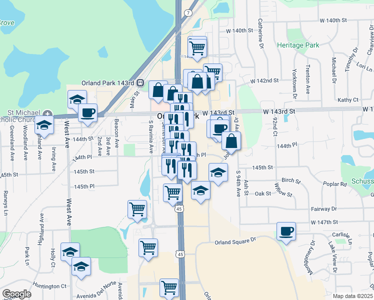 map of restaurants, bars, coffee shops, grocery stores, and more near in Orland Park