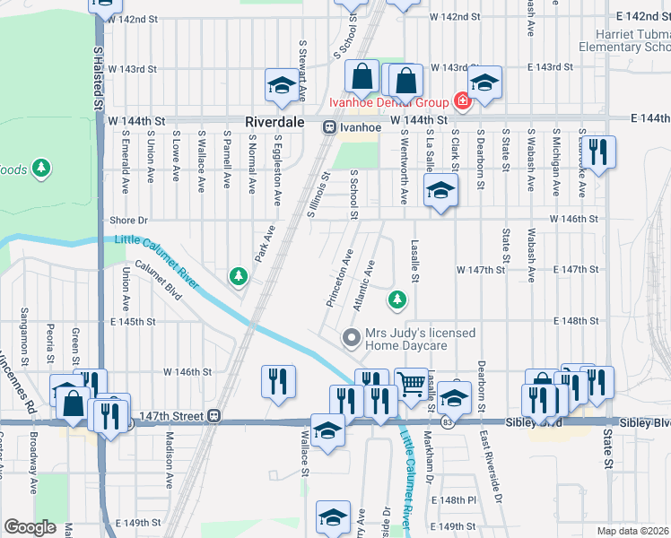 map of restaurants, bars, coffee shops, grocery stores, and more near 14652 Princeton Avenue in Dolton