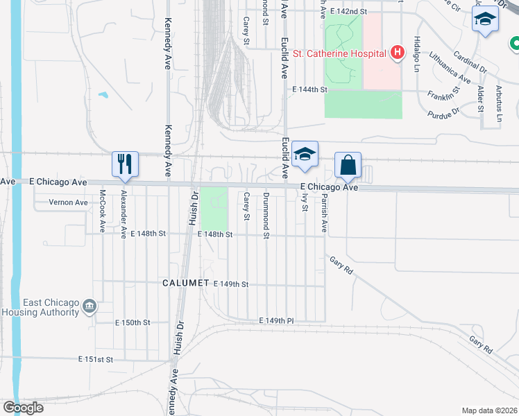 map of restaurants, bars, coffee shops, grocery stores, and more near 4730 Drummond Street in East Chicago