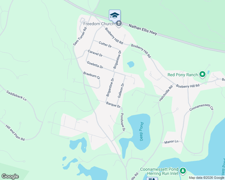 map of restaurants, bars, coffee shops, grocery stores, and more near 104 Brigantine Drive in Falmouth