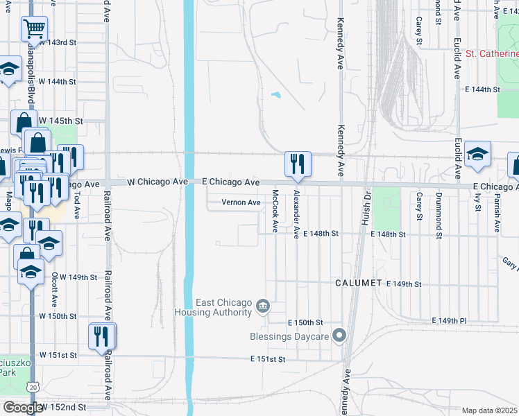 map of restaurants, bars, coffee shops, grocery stores, and more near 469 Vernon Avenue in East Chicago