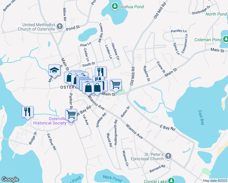 map of restaurants, bars, coffee shops, grocery stores, and more near 716 Main Street in Barnstable