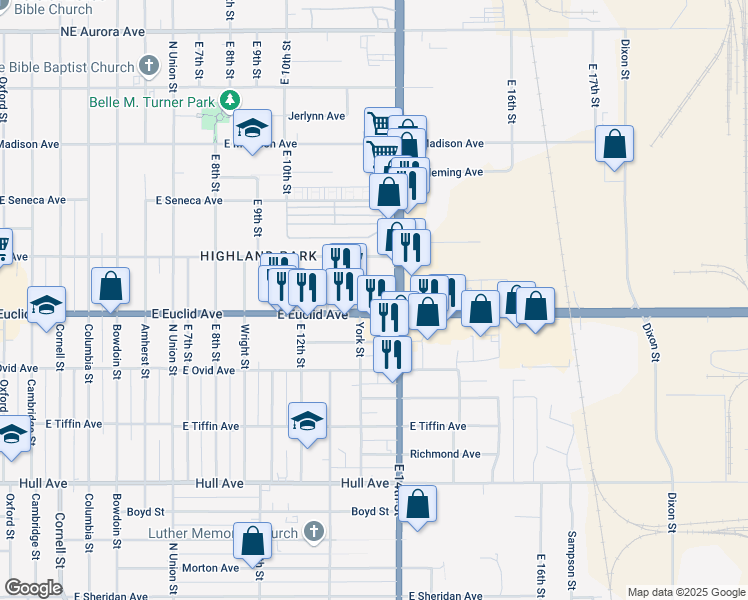map of restaurants, bars, coffee shops, grocery stores, and more near 1348 East Euclid Avenue in Des Moines
