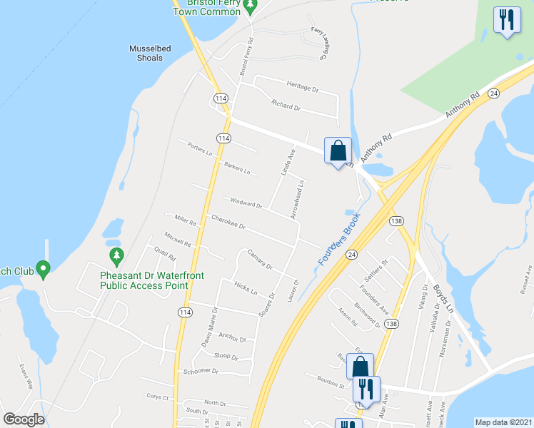 map of restaurants, bars, coffee shops, grocery stores, and more near 97 Windward Drive in Portsmouth