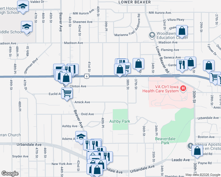 map of restaurants, bars, coffee shops, grocery stores, and more near 3916 Clinton Avenue in Des Moines