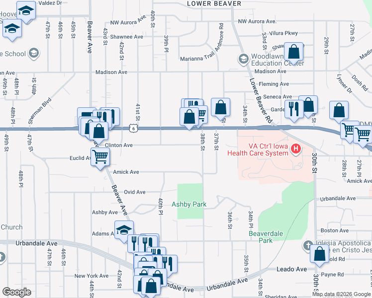 map of restaurants, bars, coffee shops, grocery stores, and more near 3916 Clinton Avenue in Des Moines