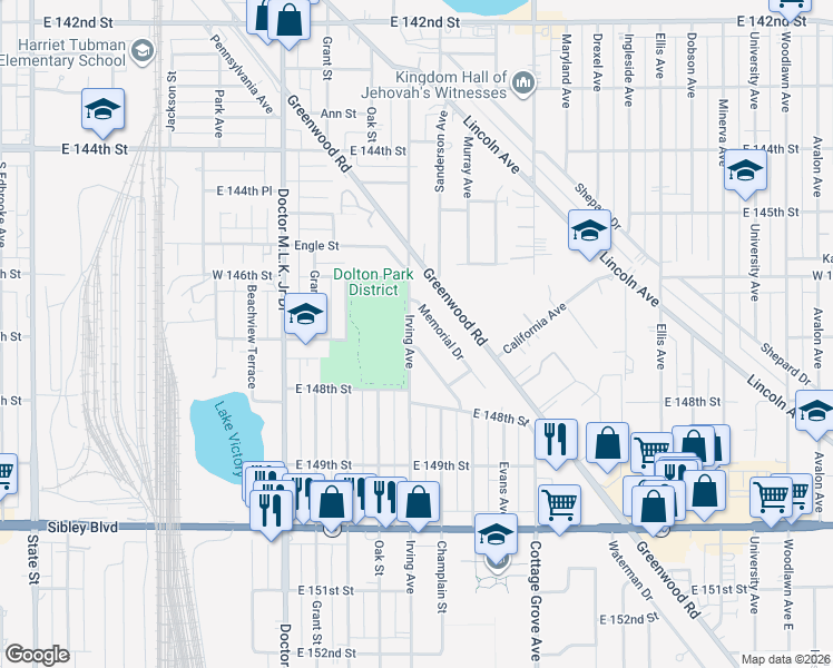 map of restaurants, bars, coffee shops, grocery stores, and more near 14647 Irving Avenue in Dolton