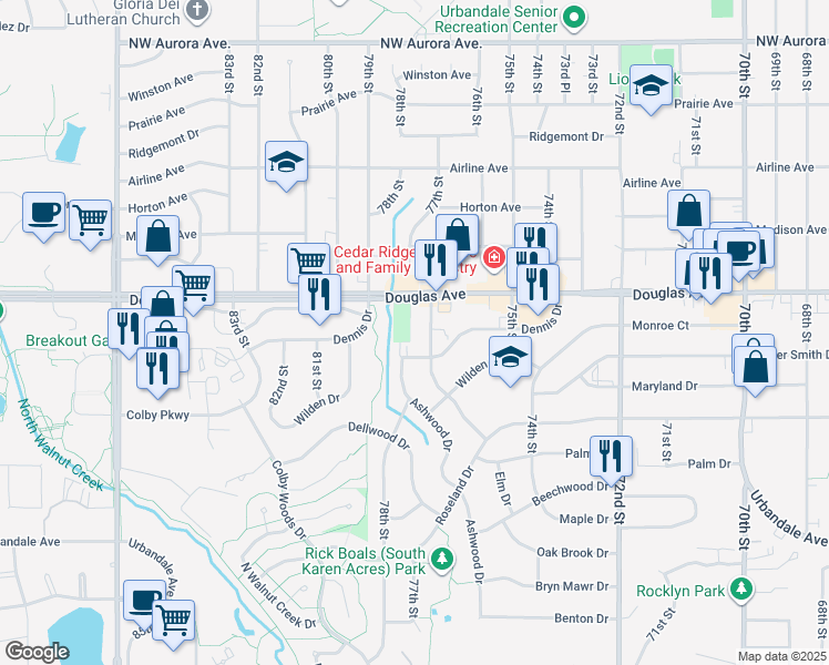 map of restaurants, bars, coffee shops, grocery stores, and more near 3610 Elm Drive in Urbandale