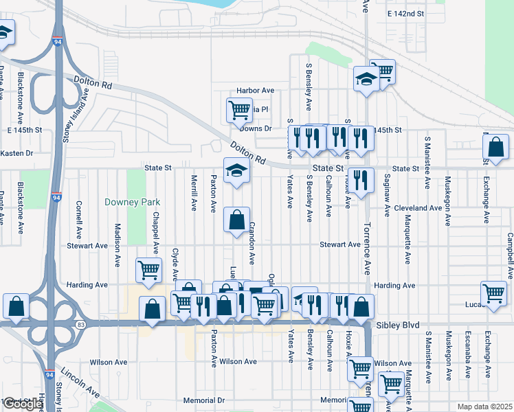 map of restaurants, bars, coffee shops, grocery stores, and more near 322 Oglesby Avenue in Calumet City