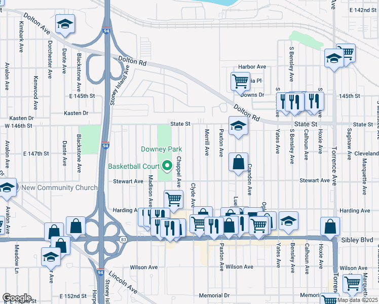 map of restaurants, bars, coffee shops, grocery stores, and more near 326 Clyde Avenue in Calumet City