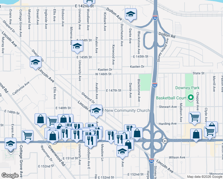 map of restaurants, bars, coffee shops, grocery stores, and more near 14700 Kenwood Avenue in Dolton