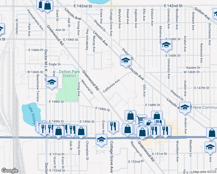 map of restaurants, bars, coffee shops, grocery stores, and more near 763 California Avenue in Dolton