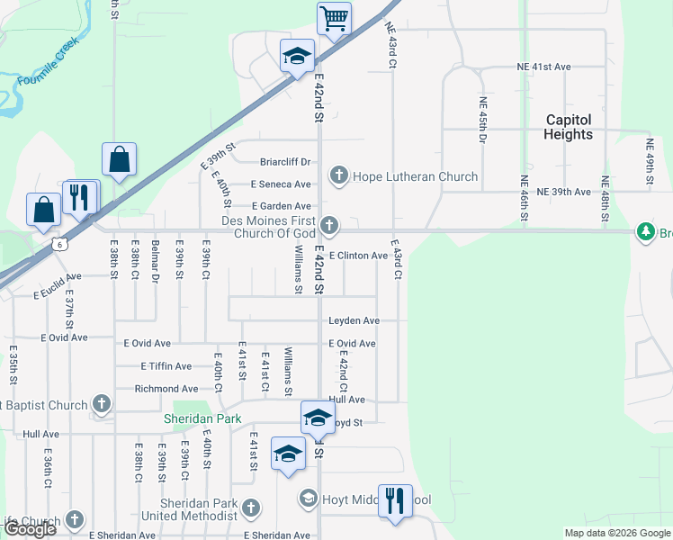 map of restaurants, bars, coffee shops, grocery stores, and more near 3616 East 42nd Court in Des Moines