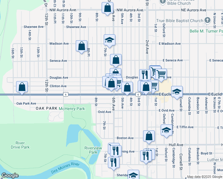 map of restaurants, bars, coffee shops, grocery stores, and more near 617 Euclid Avenue in Des Moines