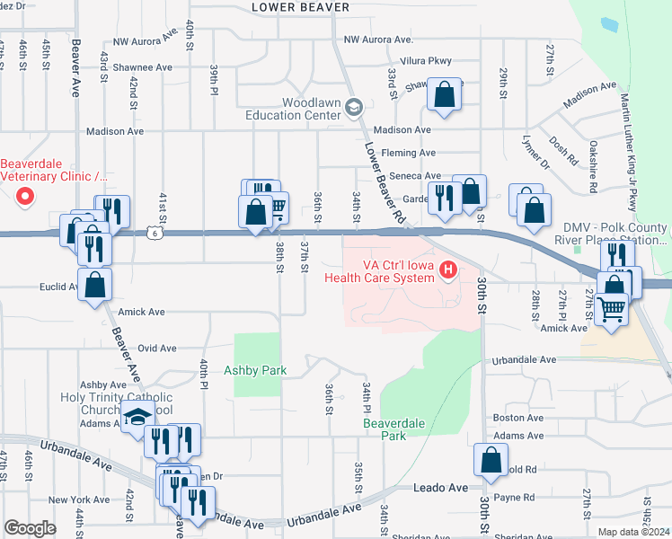 map of restaurants, bars, coffee shops, grocery stores, and more near 3624 36th Street in Des Moines