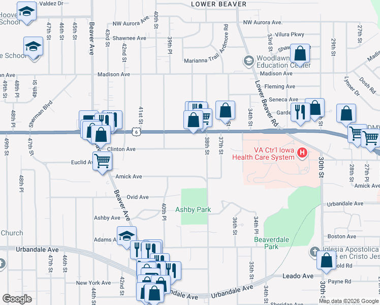 map of restaurants, bars, coffee shops, grocery stores, and more near 3916 Clinton Avenue in Des Moines