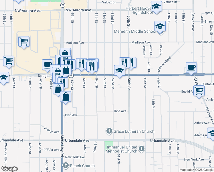 map of restaurants, bars, coffee shops, grocery stores, and more near 3606 53rd Street in Des Moines