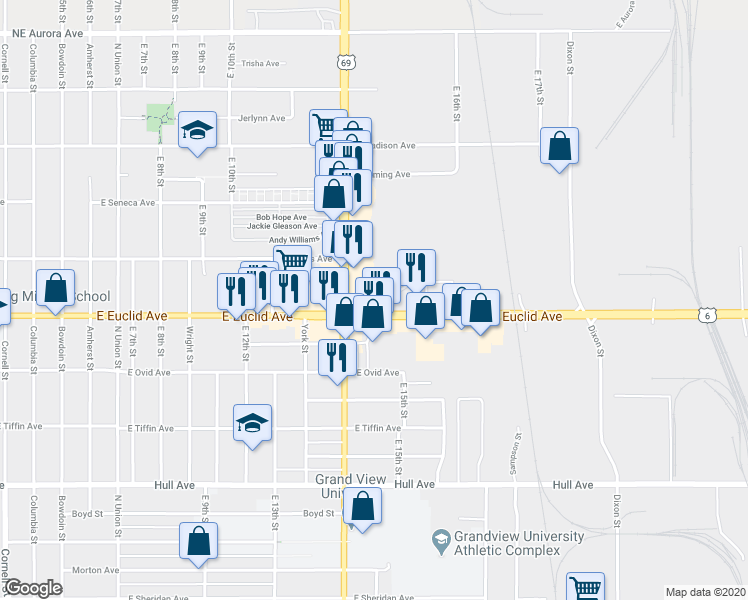 map of restaurants, bars, coffee shops, grocery stores, and more near 1424 East Euclid Avenue in Des Moines