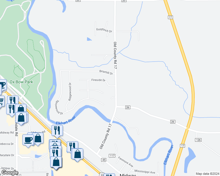 map of restaurants, bars, coffee shops, grocery stores, and more near 22278 Fireside Drive in Goshen
