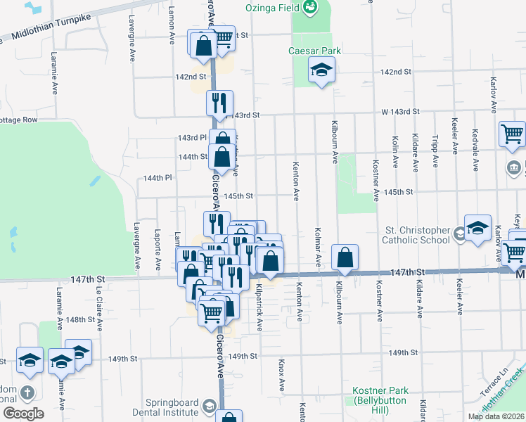 map of restaurants, bars, coffee shops, grocery stores, and more near 14524 Kilpatrick Avenue in Midlothian