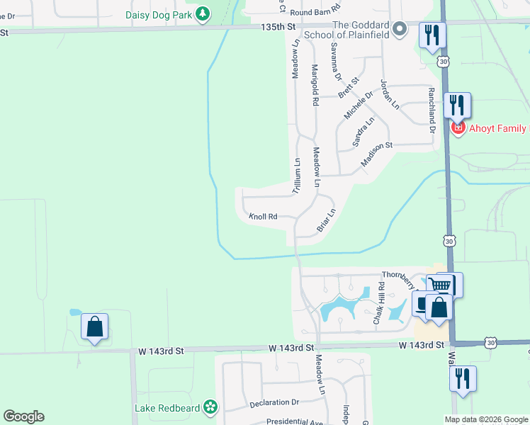 map of restaurants, bars, coffee shops, grocery stores, and more near 25230 Knoll Road in Plainfield