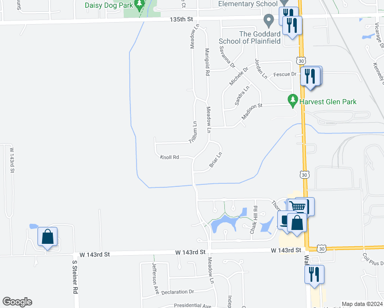 map of restaurants, bars, coffee shops, grocery stores, and more near 25200 Knoll Road in Plainfield