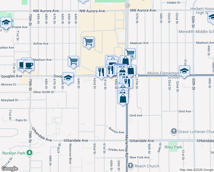 map of restaurants, bars, coffee shops, grocery stores, and more near 3601 61st Street in Des Moines