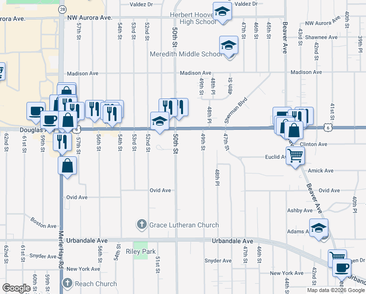 map of restaurants, bars, coffee shops, grocery stores, and more near 3615 50th Street in Des Moines