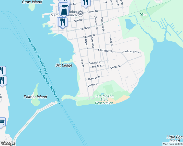map of restaurants, bars, coffee shops, grocery stores, and more near 9 Green Street in Fairhaven
