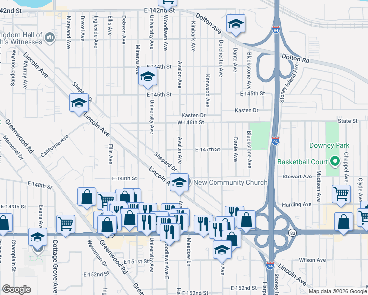 map of restaurants, bars, coffee shops, grocery stores, and more near 4701 Avalon Avenue in Dolton