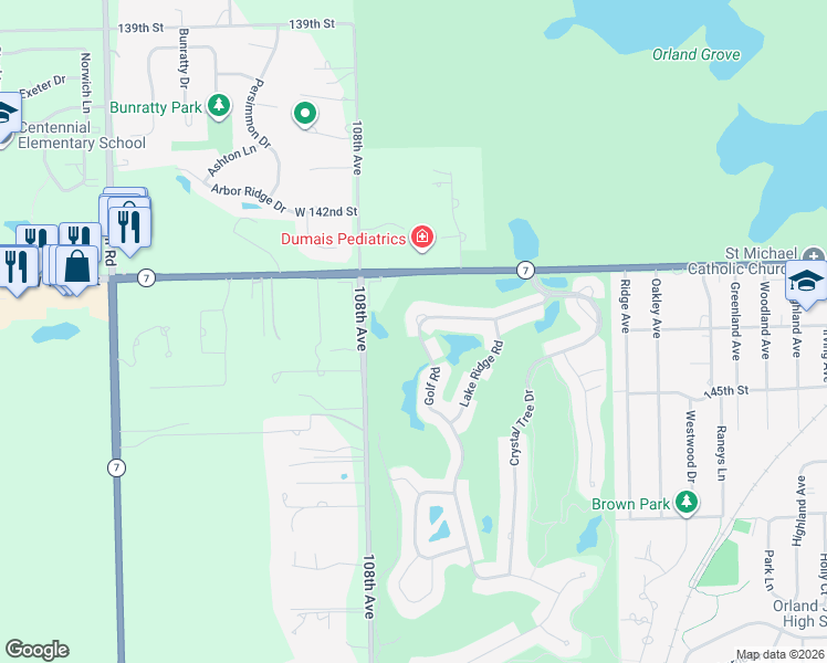 map of restaurants, bars, coffee shops, grocery stores, and more near 10692 Golf Road in Orland Park