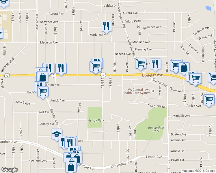 map of restaurants, bars, coffee shops, grocery stores, and more near 3608 37th Street in Des Moines