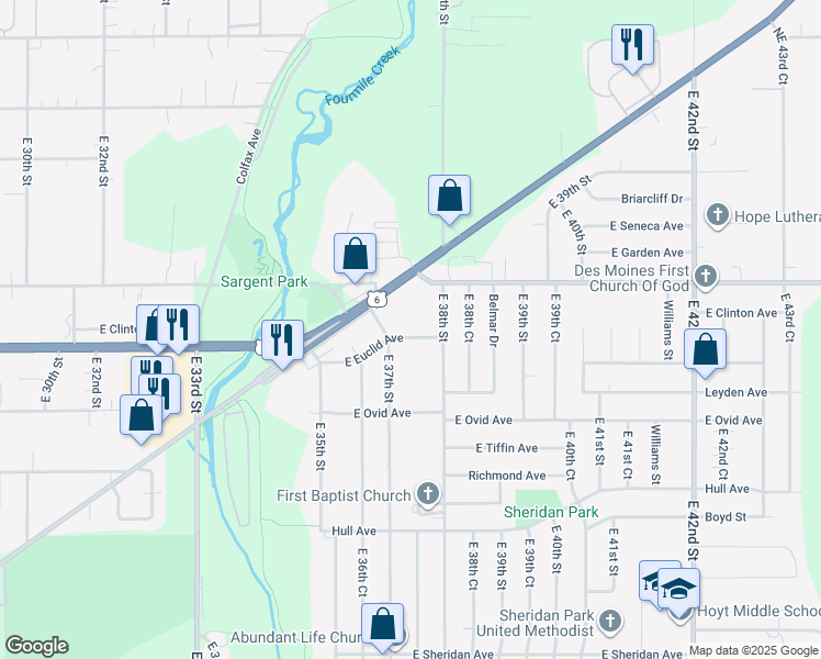 map of restaurants, bars, coffee shops, grocery stores, and more near 3716 East Euclid Avenue in Des Moines