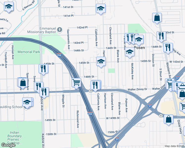 map of restaurants, bars, coffee shops, grocery stores, and more near 42 Mozart Avenue in Posen