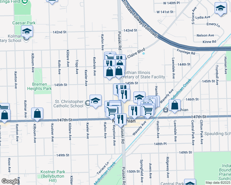 map of restaurants, bars, coffee shops, grocery stores, and more near 14533 Keystone Avenue in Midlothian